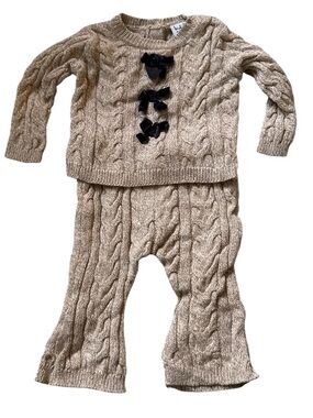 Nicole Miller Cable Knit Two-Piece Set with Black Bows - Beige